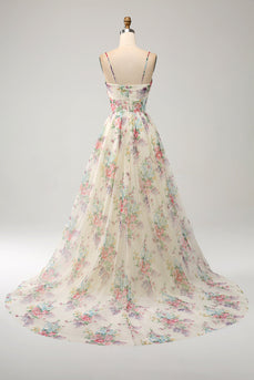 A-Line Flower Printed Ivory Formal Dress with Slit
