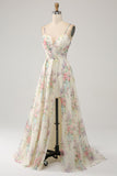 A-Line Flower Printed Ivory Formal Dress with Slit