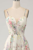 A-Line Flower Printed Ivory Formal Dress with Slit