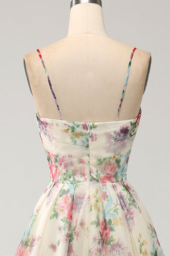 A-Line Flower Printed Ivory Formal Dress with Slit