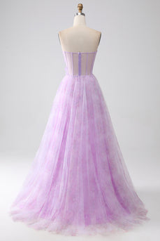 Lavender Printed Strapless Corset Formal Dress with Beading