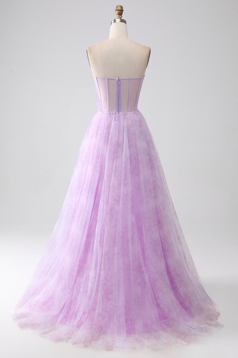 Load image into Gallery viewer, Lavender Printed Strapless Corset Formal Dress with Beading