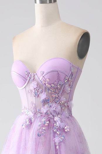 Lavender Printed Strapless Corset Formal Dress with Beading