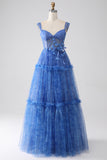 Blue Printed A Line Tulle Corset Formal Dress