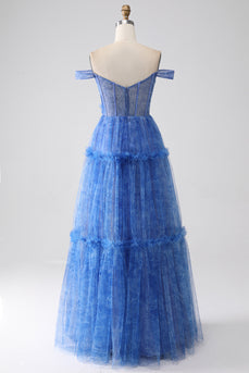 Blue Printed A Line Tulle Corset Formal Dress