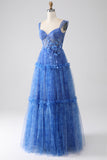 Blue Printed A Line Tulle Corset Formal Dress