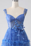 Blue Printed A Line Tulle Corset Formal Dress