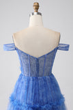 Blue Printed A Line Tulle Corset Formal Dress