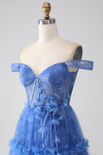 Blue Printed A Line Tulle Corset Formal Dress