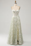 A-Line Light Green Corset Formal Dress with Embroidery