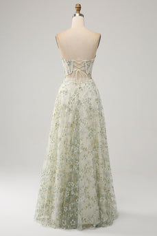A-Line Light Green Corset Formal Dress with Embroidery