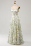 A-Line Light Green Corset Formal Dress with Embroidery