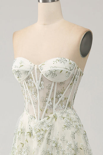 A-Line Light Green Corset Formal Dress with Embroidery