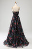 Load image into Gallery viewer, Black Printed Spaghetti Straps A Line Formal Dress with Slit