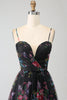 Load image into Gallery viewer, Black Printed Spaghetti Straps A Line Formal Dress with Slit