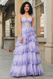 Princess A Line Sweetheart Lavender Corset Formal Dress with Tiered Lace