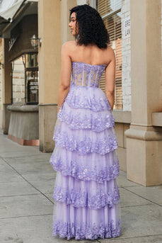 Princess A Line Sweetheart Lavender Corset Formal Dress with Tiered Lace