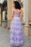 Princess A Line Sweetheart Lavender Corset Formal Dress with Tiered Lace