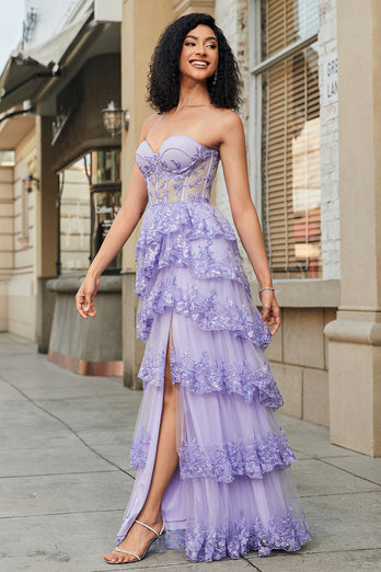 Princess A Line Sweetheart Lavender Corset Formal Dress with Tiered Lace