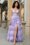 Princess A Line Sweetheart Lavender Corset Formal Dress with Tiered Lace