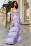 Princess A Line Sweetheart Lavender Corset Formal Dress with Tiered Lace