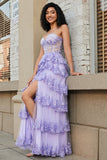 Princess A Line Sweetheart Lavender Corset Formal Dress with Tiered Lace