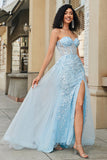 Charming A Line Sweetheart Blue Corset Formal Dress with Beading Slit