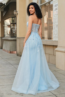Charming A Line Sweetheart Blue Corset Formal Dress with Beading Slit