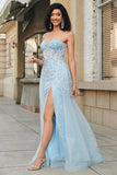 Charming A Line Sweetheart Blue Corset Formal Dress with Beading Slit