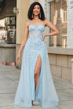 Charming A Line Sweetheart Blue Corset Formal Dress with Beading Slit