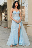 Charming A Line Sweetheart Blue Corset Formal Dress with Beading Slit