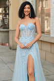 Charming A Line Sweetheart Blue Corset Formal Dress with Beading Slit