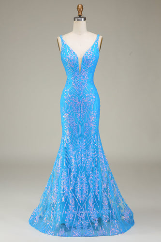 Sparkly Blue Deep V-Neck Mermaid Long Formal Dress
