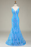 Sparkly Blue Deep V-Neck Mermaid Long Formal Dress