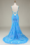 Sparkly Blue Deep V-Neck Mermaid Long Formal Dress