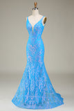 Sparkly Blue Deep V-Neck Mermaid Long Formal Dress