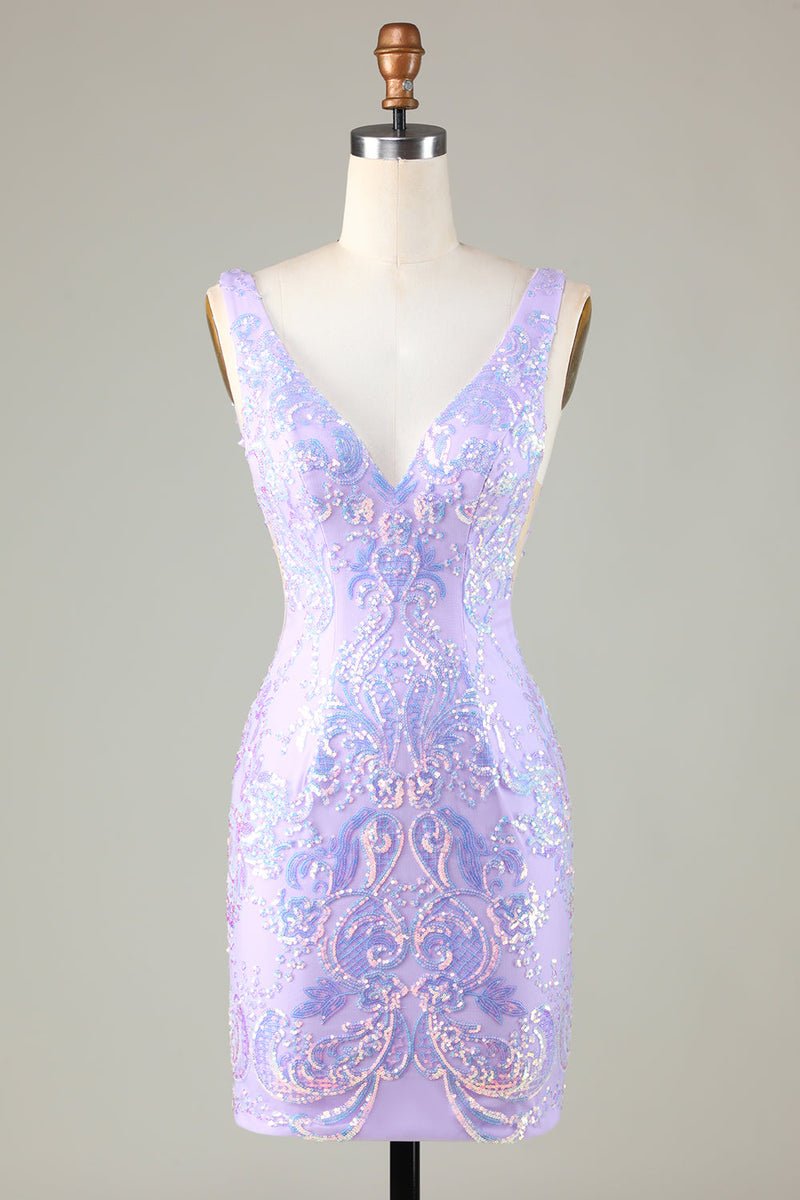 Load image into Gallery viewer, Lavender Sparkly Tight Short Formal Dress with Backless
