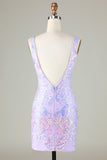 Lavender Sparkly Tight Short Formal Dress with Backless