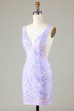 Lavender Sparkly Tight Short Formal Dress with Backless