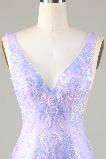 Lavender Sparkly Tight Short Formal Dress with Backless