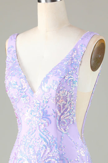 Lavender Sparkly Tight Short Formal Dress with Backless