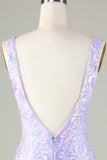 Lavender Sparkly Tight Short Formal Dress with Backless