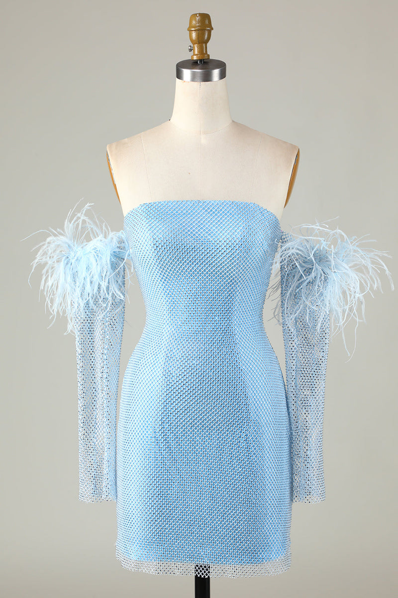 Load image into Gallery viewer, Detachable Sleeves Blue Tight Semi Formal Dress with Feathers