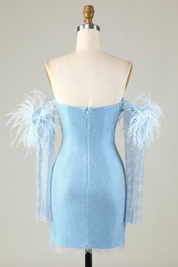 Detachable Sleeves Blue Tight Semi Formal Dress with Feathers