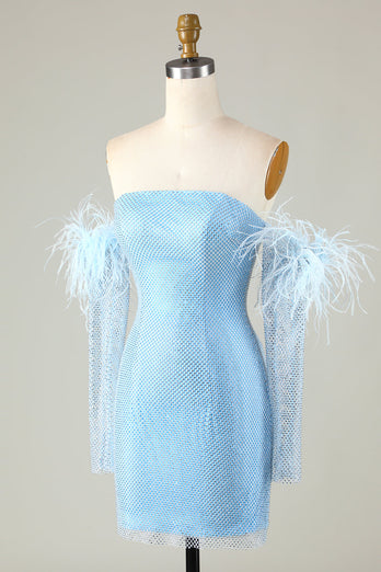 Detachable Sleeves Blue Tight Semi Formal Dress with Feathers