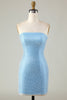 Load image into Gallery viewer, Detachable Sleeves Blue Tight Semi Formal Dress with Feathers