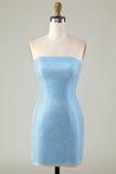 Detachable Sleeves Blue Tight Semi Formal Dress with Feathers