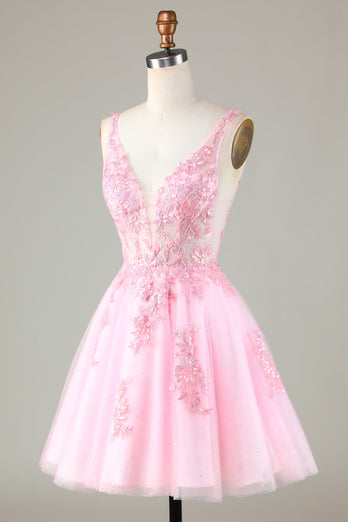 Pink Glitter Cute Short Formal Dress with Appliques