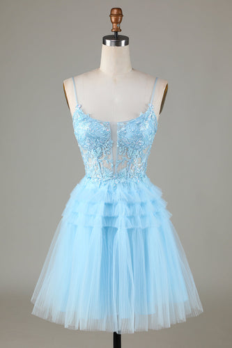 Blue Glitter Cute Short Formal Dress with Appliques