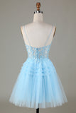 Blue Glitter Cute Short Formal Dress with Appliques